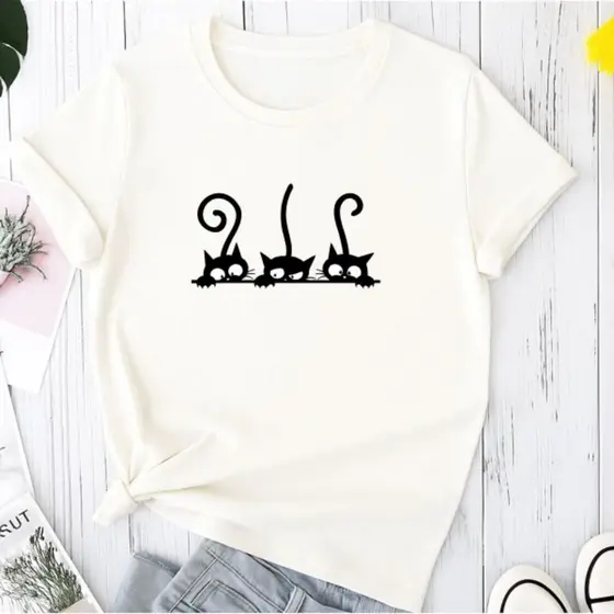 Camiseta Blusinha T-shirt Feminina Gato Fofinho 100% Algodão Estampado Casual Basico Varias Cores