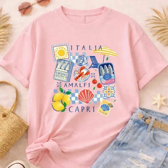 Camiseta Blusa T-shirt Camisa Feminina Amalfi Capri Itália Estampa Verão Fashion Praia Estilosa Modinha
