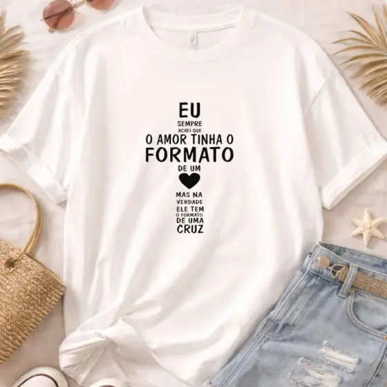 Camiseta Blusa Camisa Feminina Amor Formato De Cruz Algodão Premium Religiosa Igreja Cristã Casual Básica