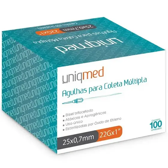 Agulha Para Coleta De Sangue Múltipla A Vácuo 25x0,7MM 22Gx1 UNIQMED