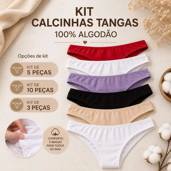 Kit Calcinhas Tanga Feminina 100% Algodão Cotton Confort Premium Macia P ao GG