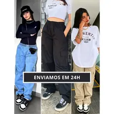 Calça Cargo Masculina Feminina Preta Jeans Skatista Street Barra Larga Unissex