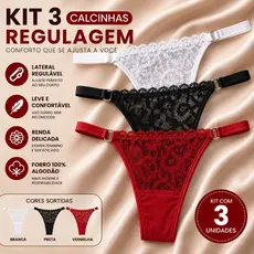 Kit 3 Calcinhas de Renda Fio Duplo Regulável Feminina Ajustável Confortável Veste P ao GG