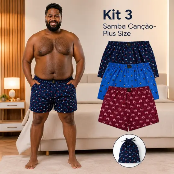 Kit 3 Samba Canção Plus Size Masculino Malha Fria Microfibra Pijama Short EGG ao G3