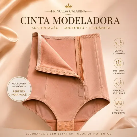 Calcinha Cinta Alta Modeladora Com Zíper Sustentação Abdominal Feminina Princesa Catarina