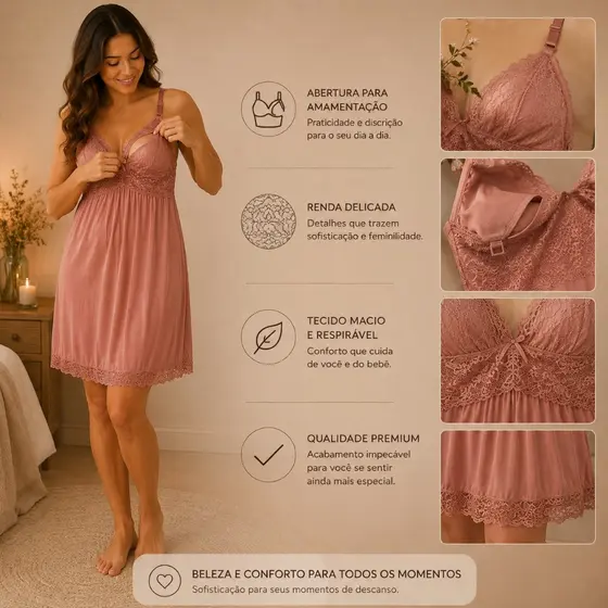 Camisola Amamentação Gestante com Renda Abertura no Busto Confortável Maternidade Premium