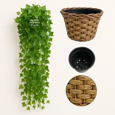 Kit 2 Vaso Trançado + 4 Plantas Pendente Verde Artificial Arranjo De Parede Folhagem Hera Enfeite