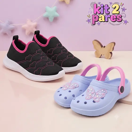 Kit 2 Pares Tênis Infantil Feminino + Sandália Babuche Menina Várias Cores