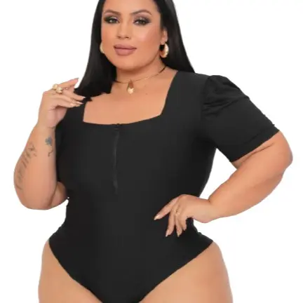 Body feminino plus size GG suplex com ziper decote quadrado manga princesa 46 a 50