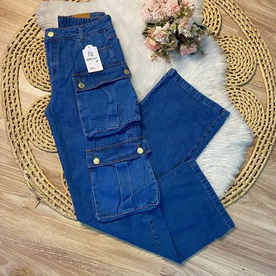 Calça jeans cargo duplo wide leg feminino 34 a 46 sem lycra pantalona bolsos laterais