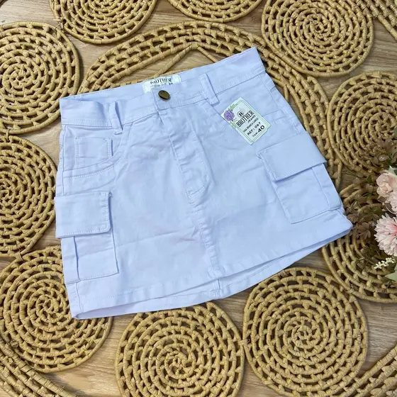 Saia jeans feminino 34 a 54 branco cargo cintura alta com lycra curto