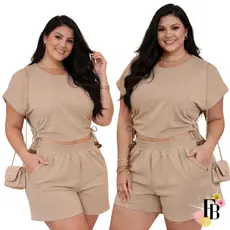 Conjunto Feminino Plus Size do 44 ao 54 Blusa e Short Cintura Alta Bolso Estiloso Chique Premium
