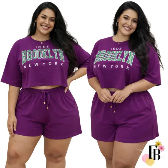 Conjunto Feminino do 38 ao 54 Plus Size Estiloso Cropped e Short 100% Algodão Verão Roxo Estampado