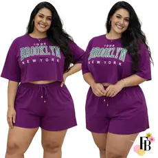 Conjunto Feminino do 38 ao 54 Plus Size Estiloso Cropped e Short 100% Algodão Verão Roxo Estampado