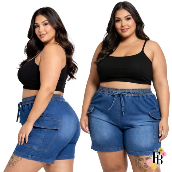 Short Jeans Lycra Plus Size do 42 ao 56 Feminino Cintura Alta Bolso Lateral Cordão Verão Estiloso