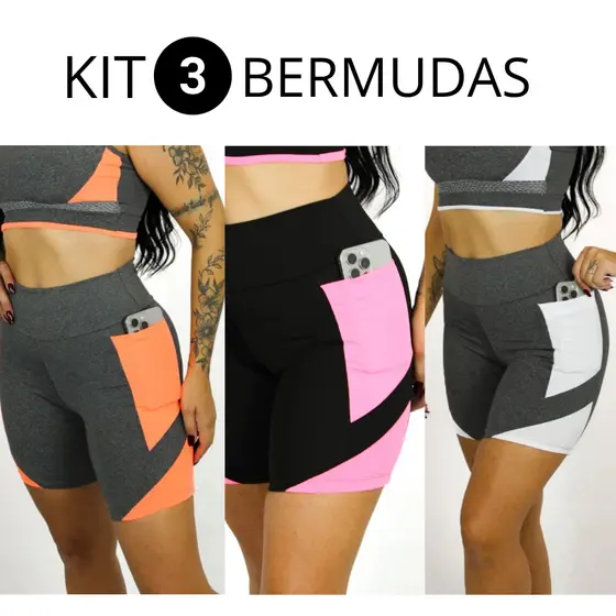 Kit 3 Bermudas Confortavel Fitness Corrida e Academia com Bolsos