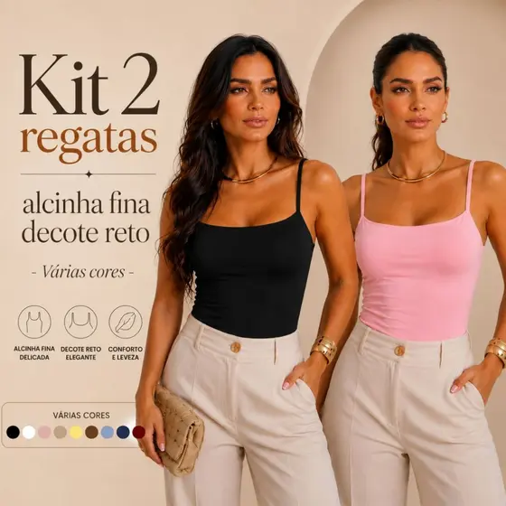 Kit 2 Regatas Básicas Alcinha Fina Delicada Decote reto Alta Elasticidade Premium