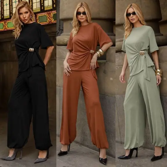 Conjunto Feminino Confortável Calça Aladim e Blusa com Detalhe Fivela Dourada e Laço Malha Premium