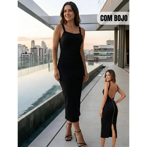 Vestido Midi Feminino Tecido Anaruga Com Alças e Zíper atrás