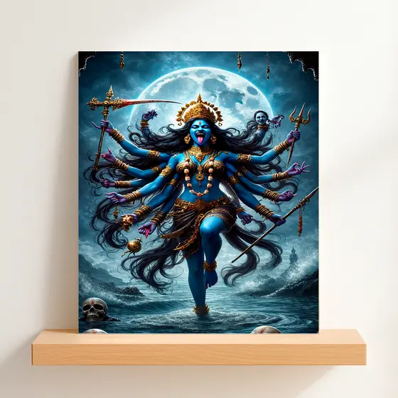 QUADRO DECORATIVO PLACA MDF-KALI NA AGUA COM A LUA NO FUNDO COM ESPADA DE GUERRA