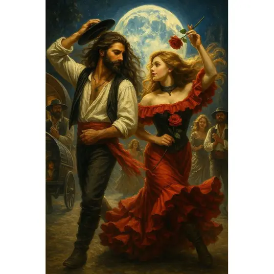 QUADRO DECORATIVO PLACA MDF-CASAL CIGANO DANÇANDO COM A LUA CHEIA