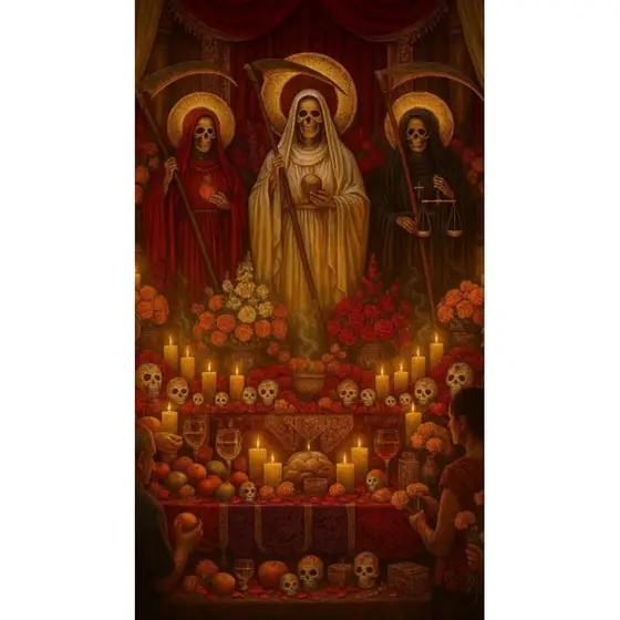 QUADRO DECORATIVO PLACA MDF-ALTAR  TRES CAVEIRA COM AS VELAS