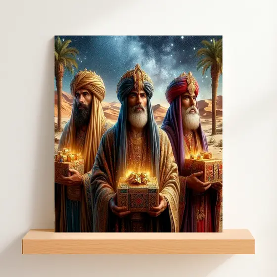 QUADRO DECORATIVO PLACA MDF- TRES REIS MAGOS SEGURANDO A CAIXAS