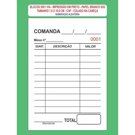 20 Blocos 50x1 De Comanda Mod Mesa C/n Pap Branco