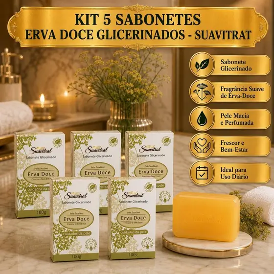 Kit 5 SaboneteS em Barra Erva-Doce Glicerinado Suavitrat Ubon 100g com Emolientes e Umectantes