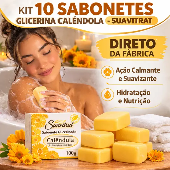 Kit 10 Sabonete Natural Glicerina Calêndola Suavitrat 100g Hidratante Pele Sensível Revitalizante
