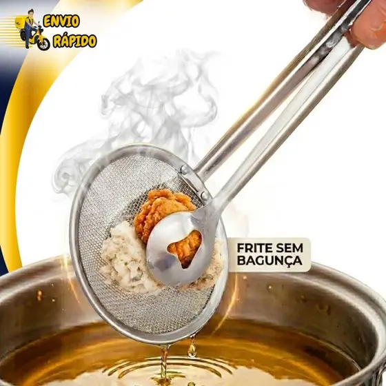 Pegador Pinça para Frituras Escumadeira com Pinça e Peneira Inox Para Batata Frita Frango Frito