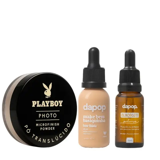 Kit  Blindagem Poderosa 15ml Dapop + Pó Microfinish Powder Playboy + Base Fluida Vegana Dapop