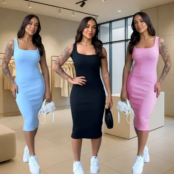 Vestido Midi Gringa Canelado Anarruga: Costas Nuas, Alça Ajustável e Modelagem Perfeita