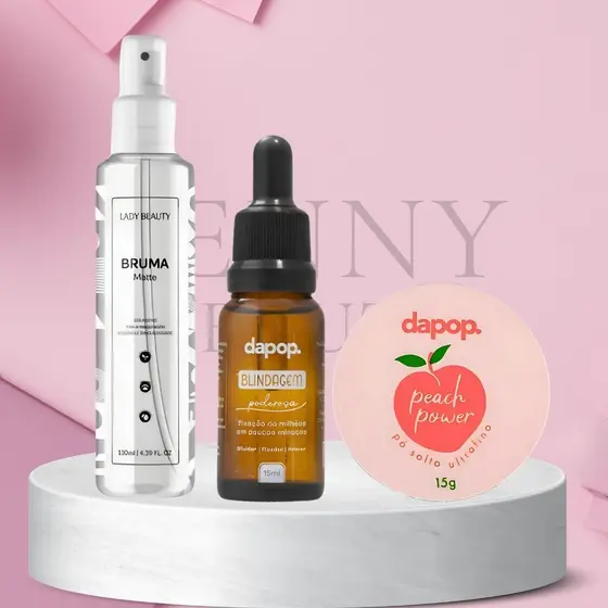 Kit Bruma Fixadora Matte Lady Beauty + Pó Pêssego Peach Power Dapop + Blindagem Poderosa 3x1 Dapop