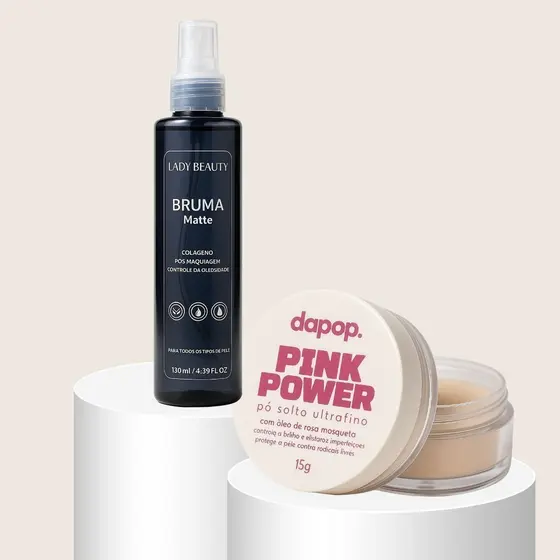 Kit Bruma Fixadora Matte Lady Beauty + Pó Rosa Mosqueta Dapop Para Make Sequinha e Duradoura