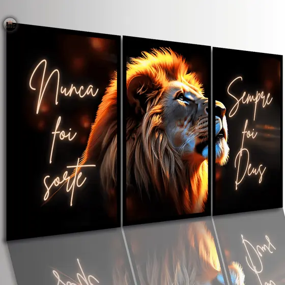 Quadros Decorativos Grande Leão de Judá Nunca Foi Sorte em Neon Sala Quarto
