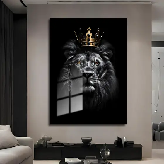 Quadro Grande Decorativo Leão Com Coroa Dourada Premium Sala Quarto Escritório