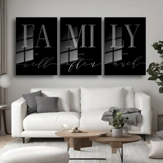Quadro Decorativo 3 peças Família Family Preto e Branco Para Escritório Sala Quarto