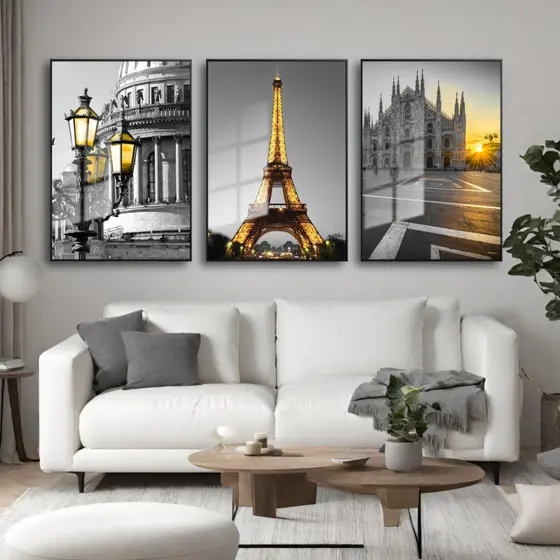 Quadro Decorativo Paris Amarelo e Preto 3 Peças Sala Escritório Quarto