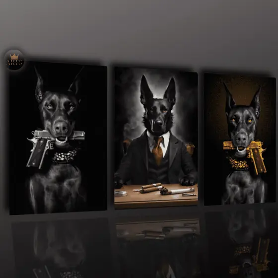 Quadro Decorativo 3 Peças Cachorros Gangstar Mafiosos Full HD