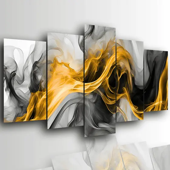 Quadro Decorativo Abstrato Efeito Mármore Com Fumaça Dourada Mosaico