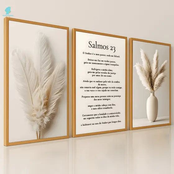 Quadros Decorativos Trio Salmos 23 com Ramos Brancos e Bege Modernos Sala Quarto
