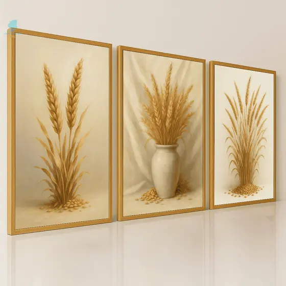 Quadros Decorativos Trigo Trio Dourado  Prosperidade Auspicioso Moderno Sala
