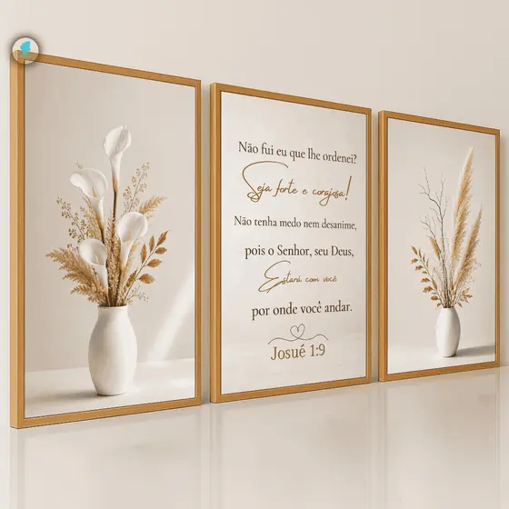 Quadros Decorativo Trio Flor Copo-de-Leite Josué 1:9 Bíblico 3D Luxo Sala Quarto