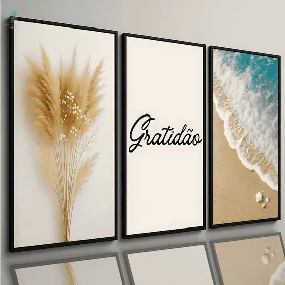 Kit Quadros Decorativos Gratidão Praia e Natureza Bege Minimalista clean Sala