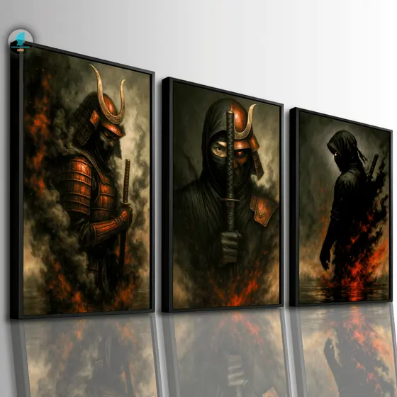Kit 3 Quadros Decorativos Samurai Ninja Oriental | Arte Épica Sala Quarto