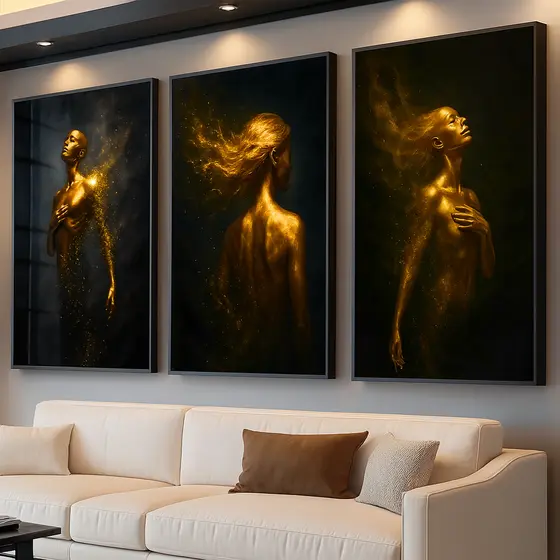 Quadros Decorativos Dourados Surrealistas Arte Moderna Trio Cósmico Sala Quarto