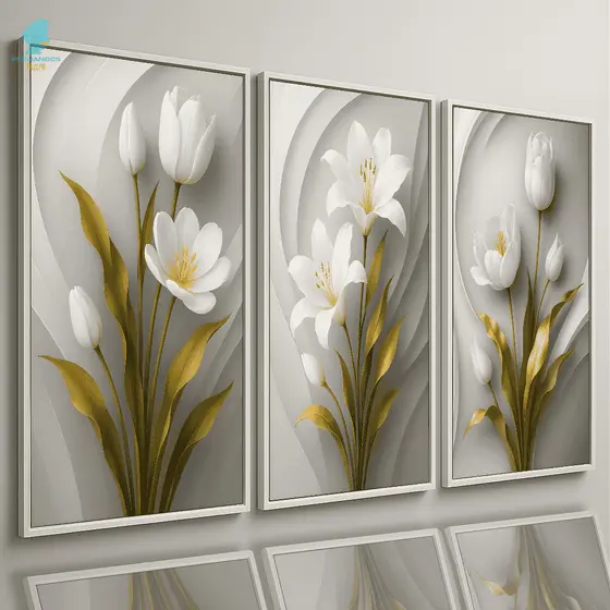 Quadros Decorativos 3 Peças Flores Brancas 3D Moderno Luxo Premium Sala Quarto