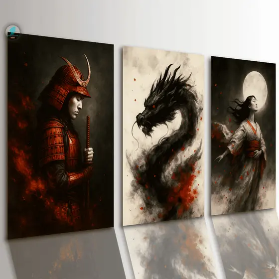 Quadros Decorativos Trio Oriental Samurai Dragão Arte Japonesa Sala Quarto