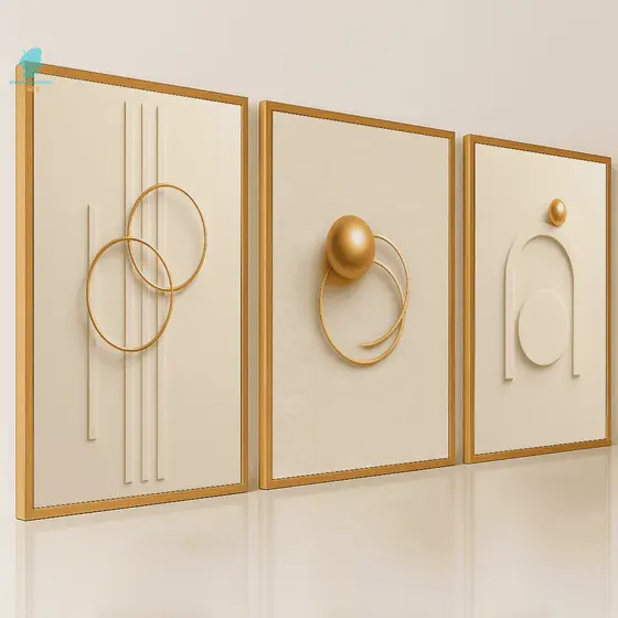 Quadros Decorativos Trio Abstrato Formas Geométricas Dourada e Bege Sala Quarto